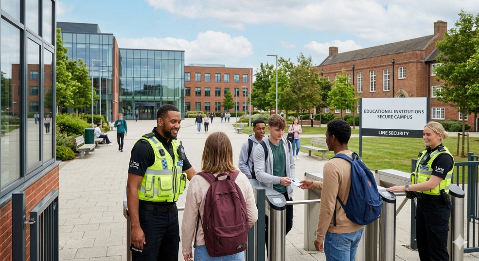 Security officer welcoming students on a campus